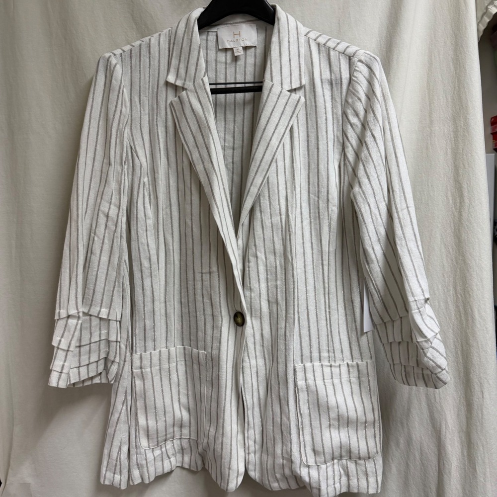 Halston Womens White Silver Metallic Pinstripe Ruffle Sleeve Linen Blazer XL NEW